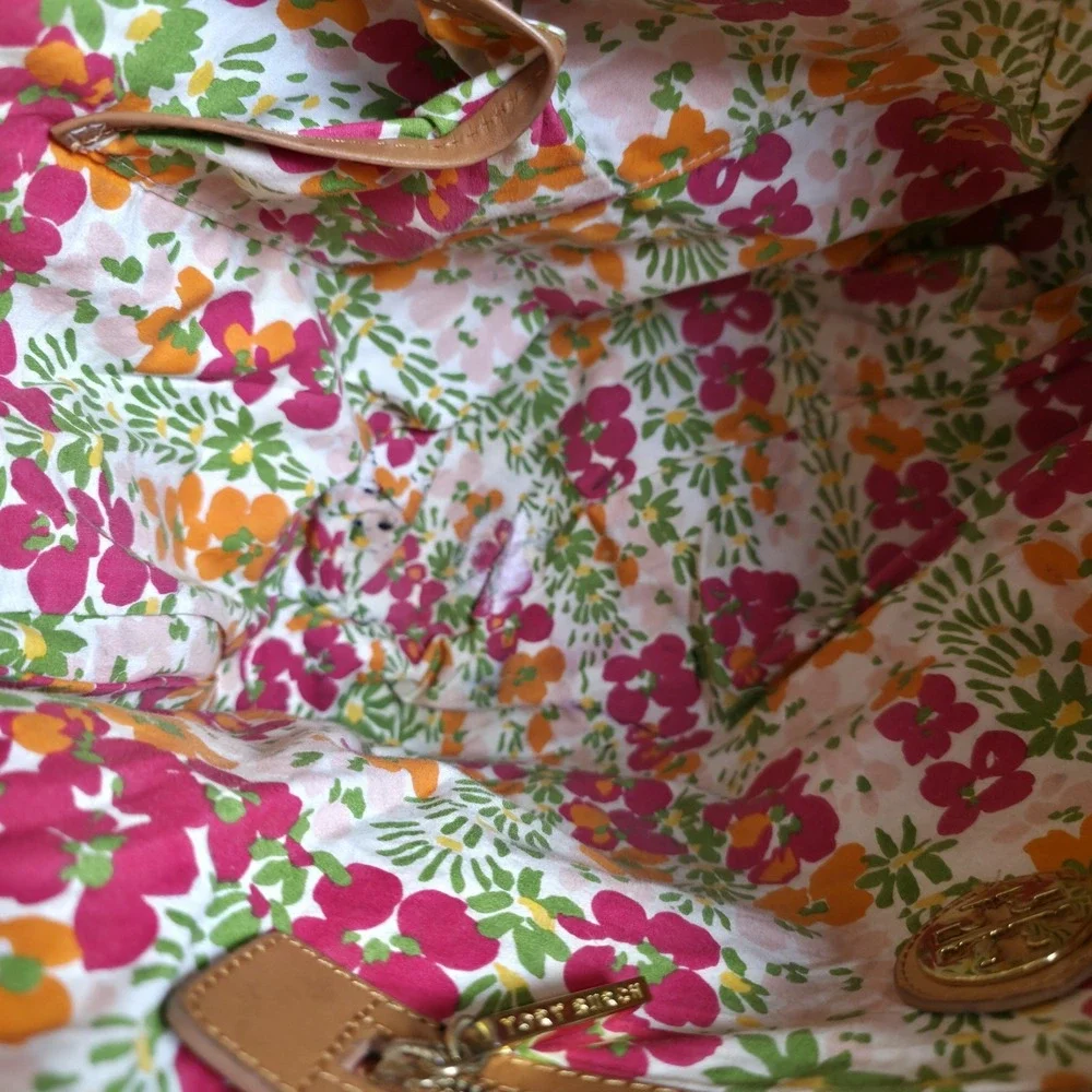 Tory Burch Rustic Fall Pumpkin Orange Canvas Leather Large Tote Bag Floral Lined